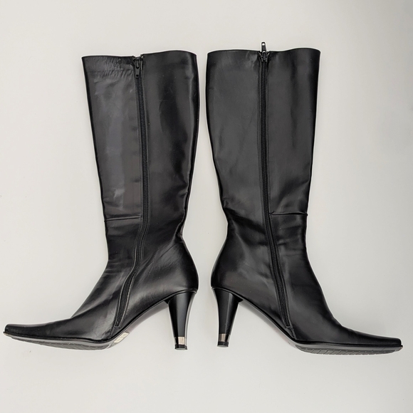 Sofia Italy Shoes - Sofia Italy Sleek Black Knee-High, Square-Toe Boots w/Silver Wrap Around 3" Heel